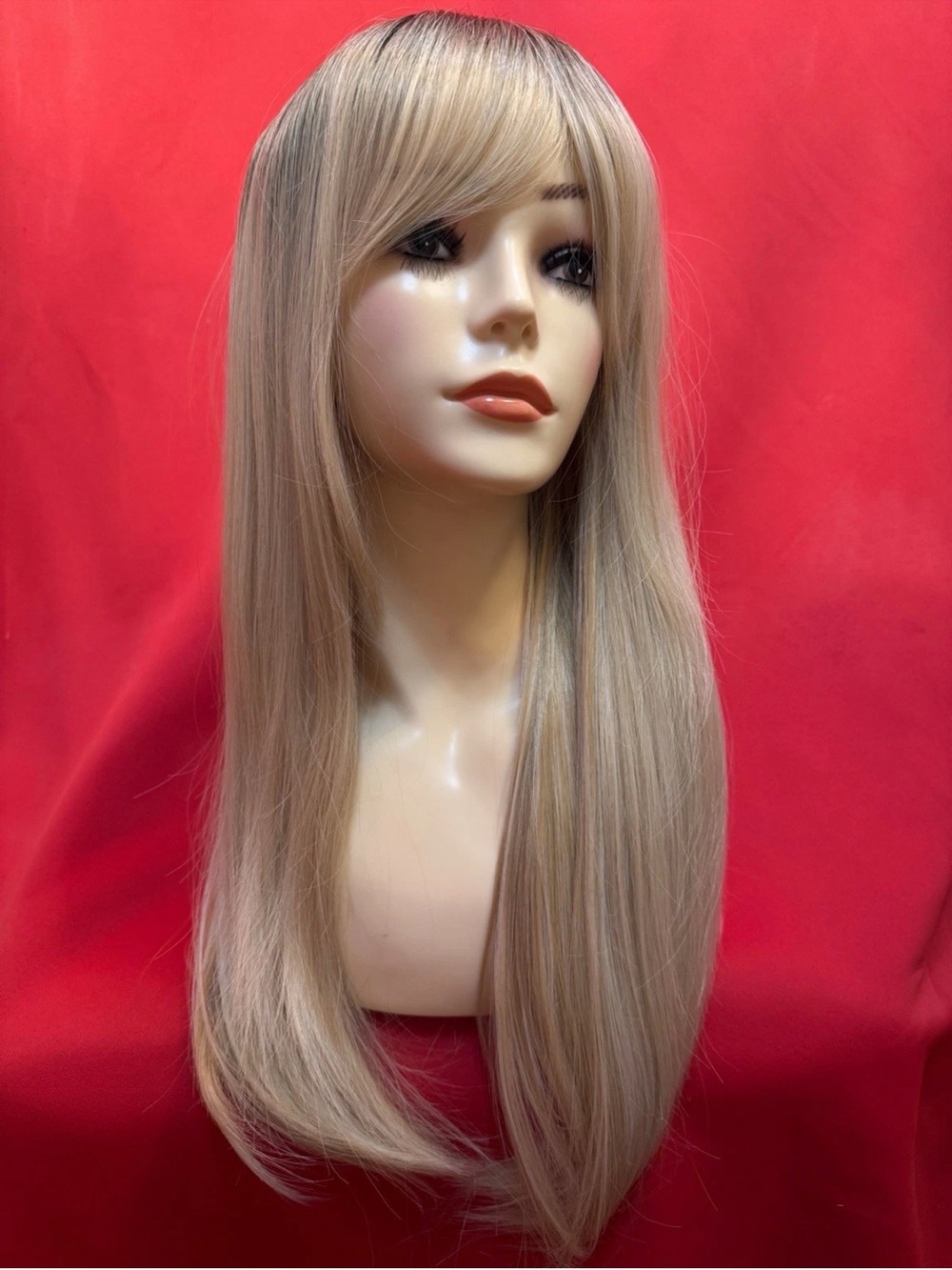24”Human Hair Blend❤️ Dark Roots Blonde Women Wig Bangs  Heat Resistant Straight